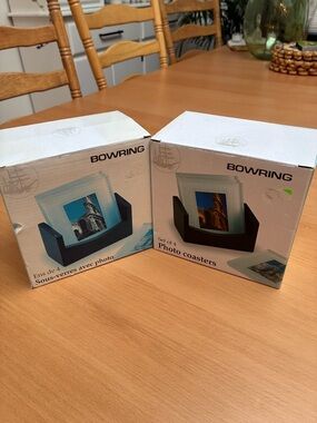 2 brand new sets of Bowring Photo Coasters Set of 4 with Holder. Both new in box